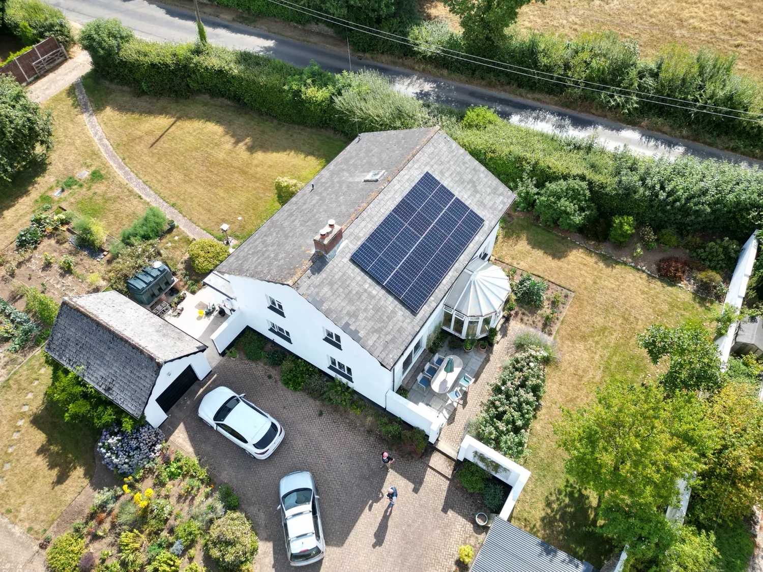 Close aerial view of the completed solar panel array