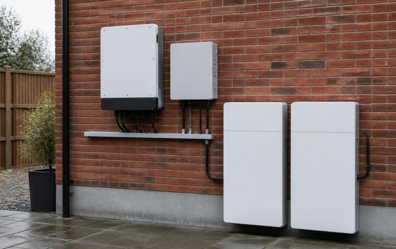 Home backup power setup on a brick wall, hybrid inverter and gateway enclosure with two wall-mounted lithium battery units