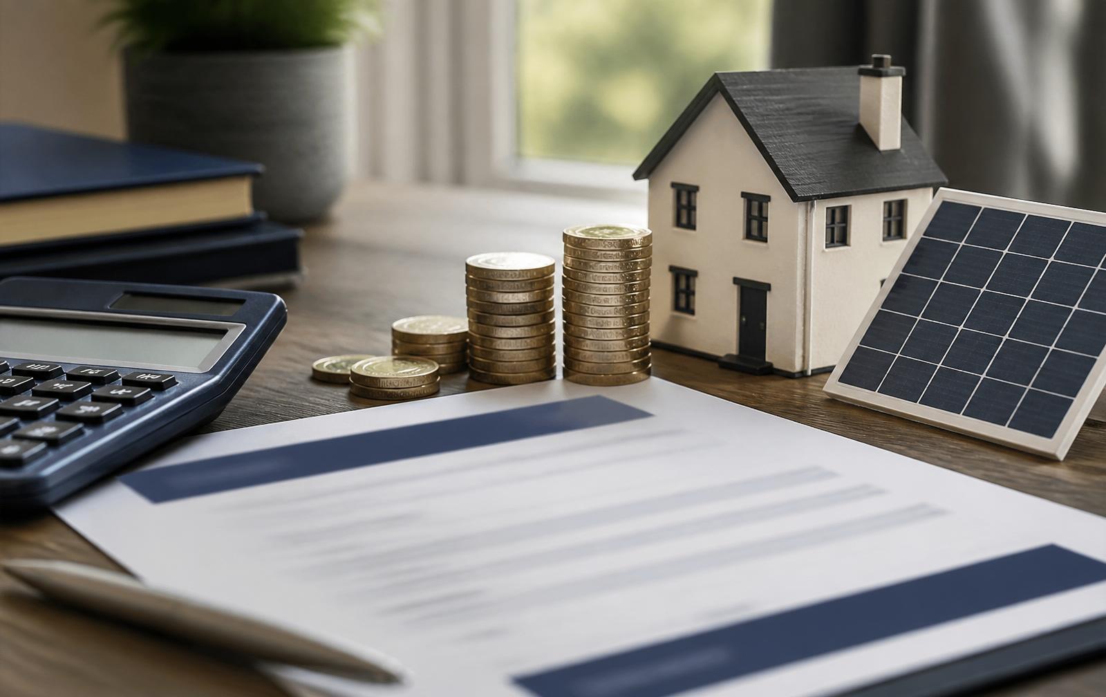 Desk still-life with a printed funding document, calculator, stacked pound coins and a small model house with a miniature solar panel, representing UK solar grants and funding guidance