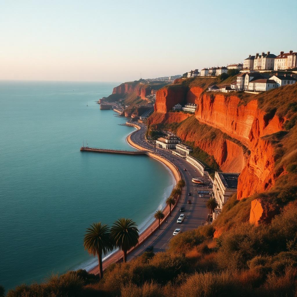 The red sandstone Torbay coastline curving around turquoise sea with the palm-lined Torquay promenade and Victorian villas above the cliffs