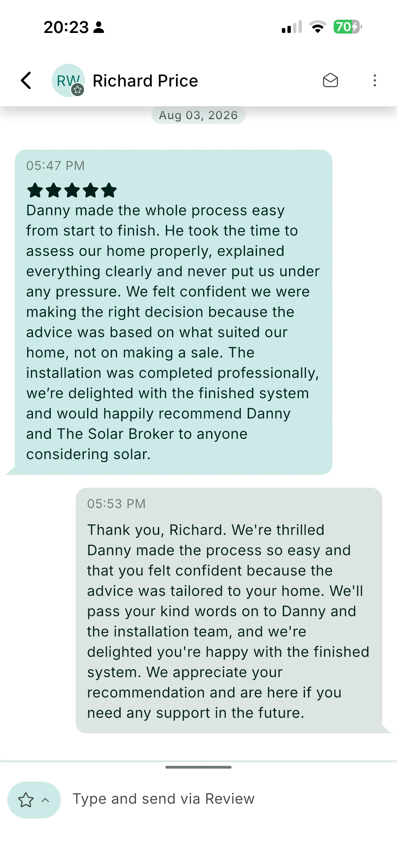 Screenshot of the customer's five-star review