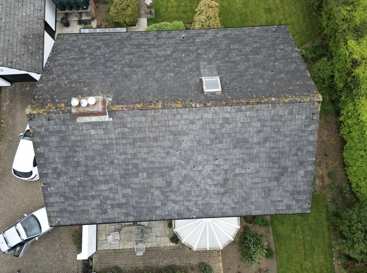 Near-vertical overhead drone survey of the roof